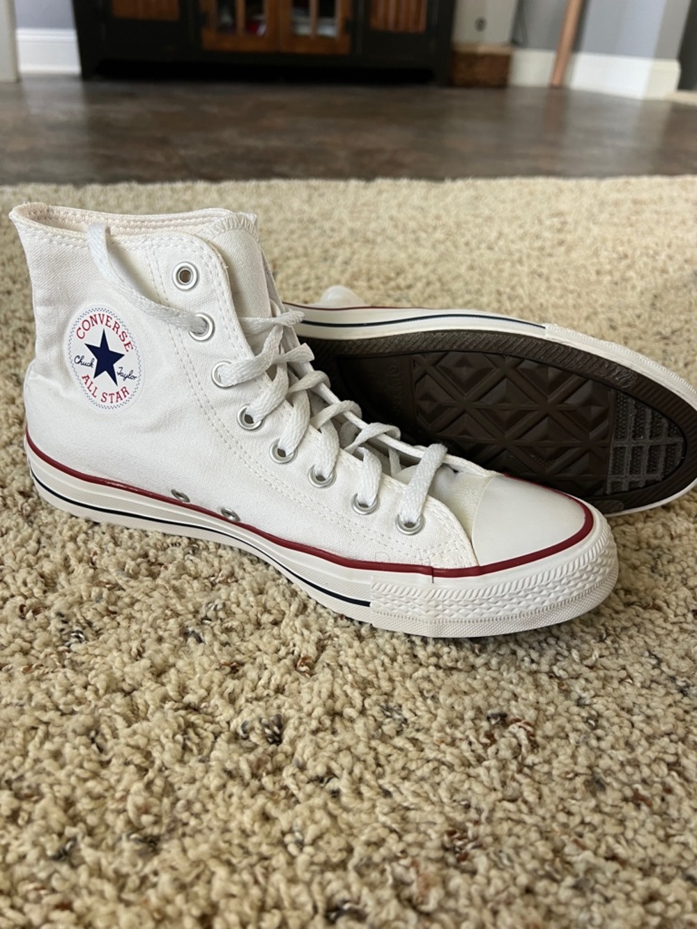 Converse White High Top Sneakers with Red and Navy Accents